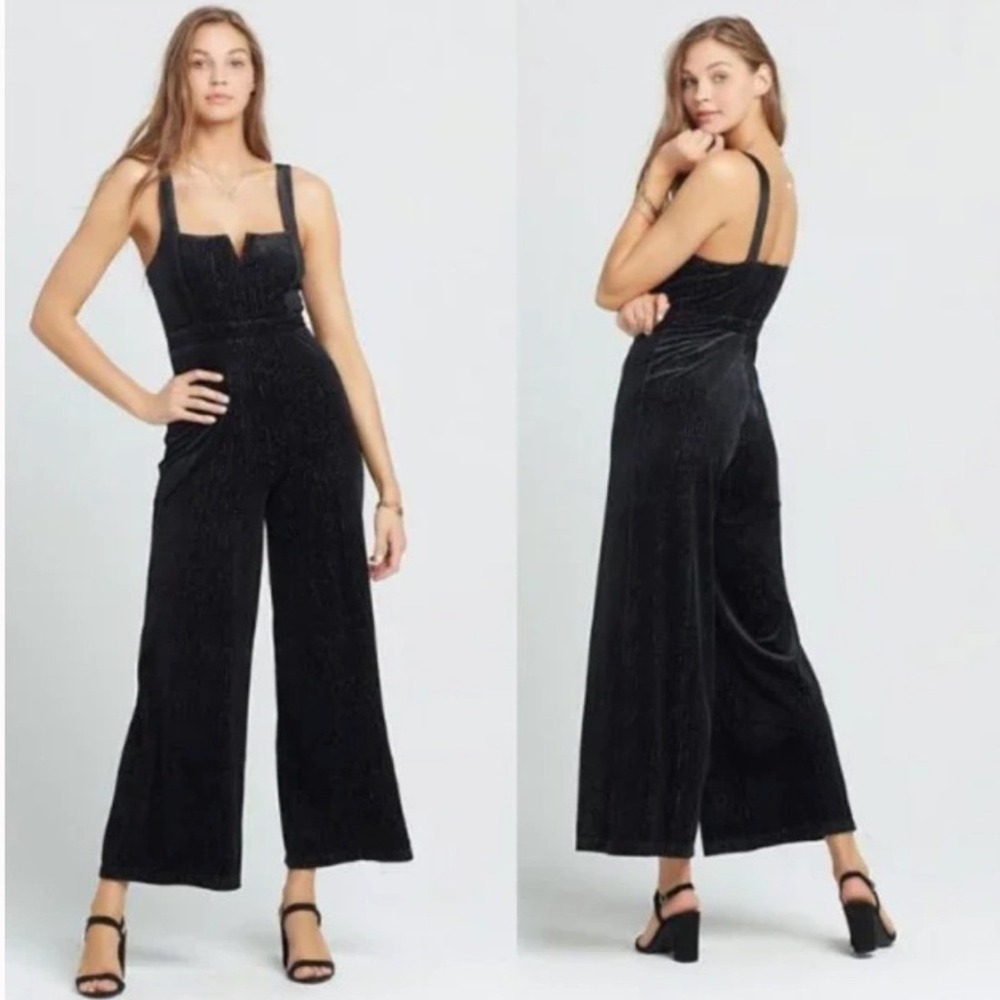 L*Space Black Metallic Ribbed Wide Leg Jumpsuit XL Sweetheart Neck Sleeveless